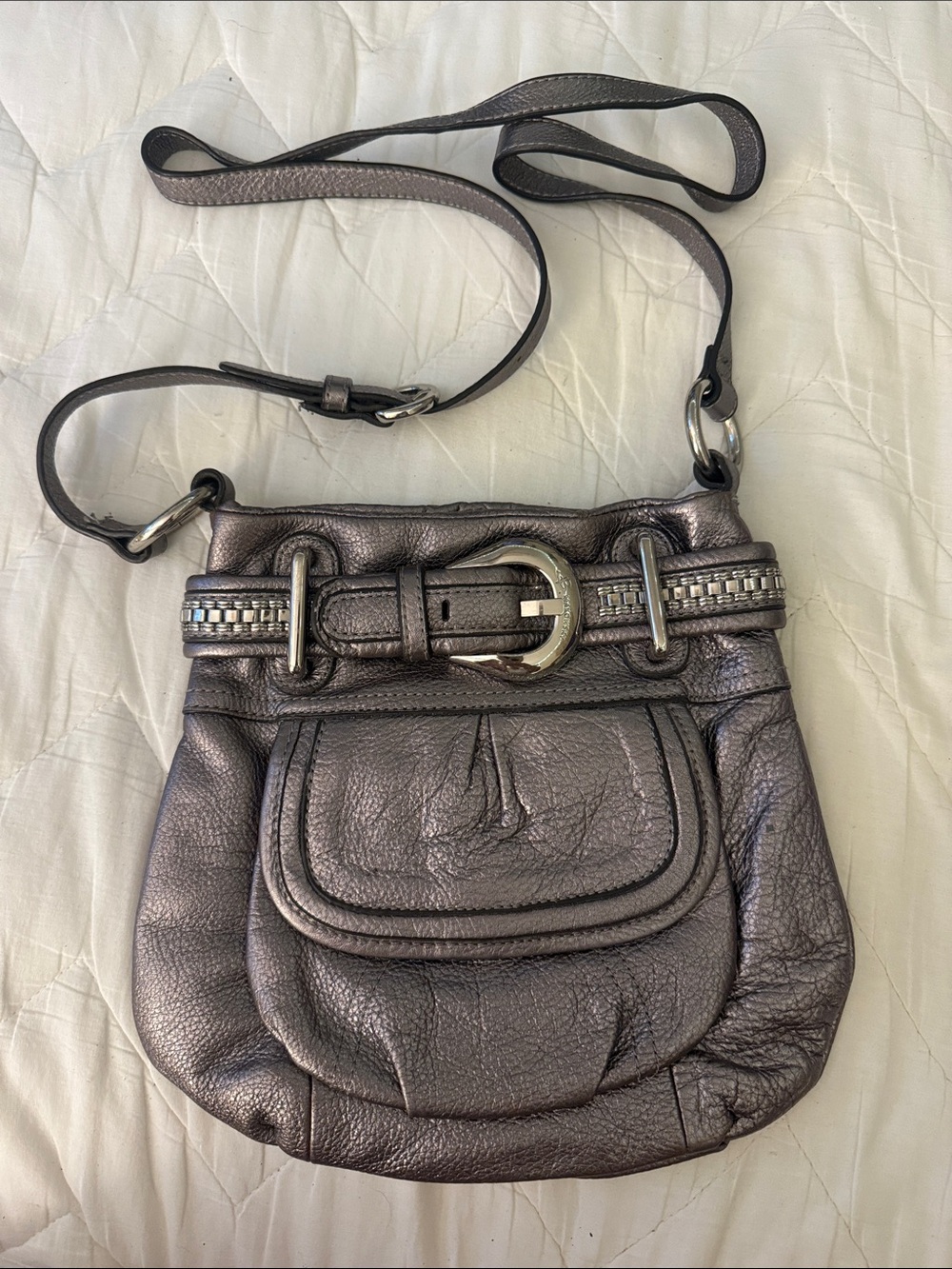 b. makowsky Metallic Pewter Leather Crossbody with Buckle Accent
